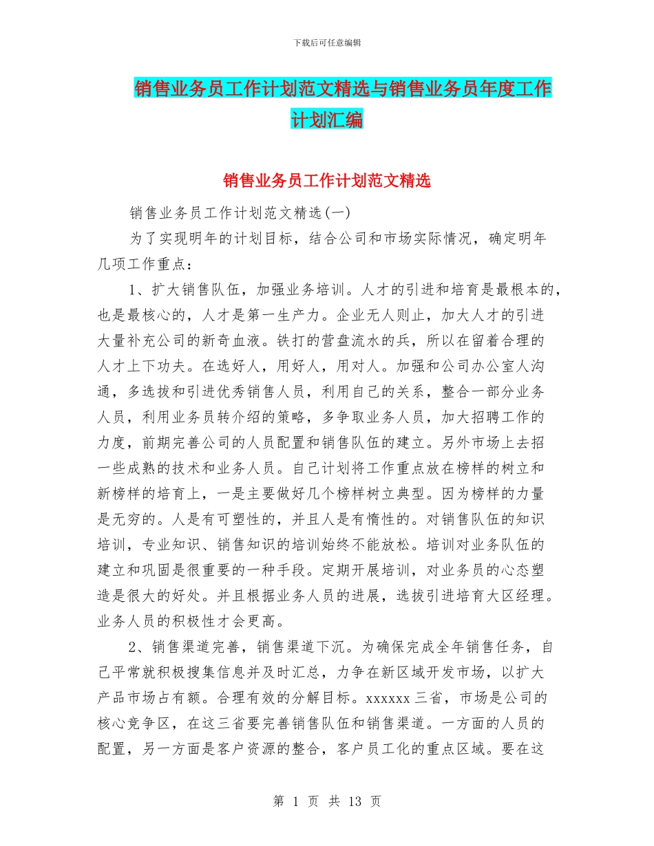 销售业务员工作计划范文精选与销售业务员年度工作计划汇编_第1页