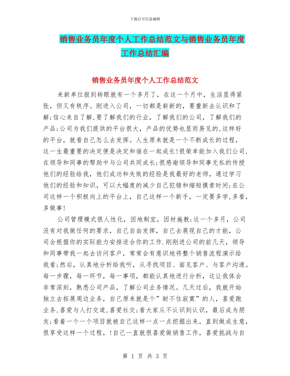 销售业务员年度个人工作总结范文与销售业务员年度工作总结汇编_第1页