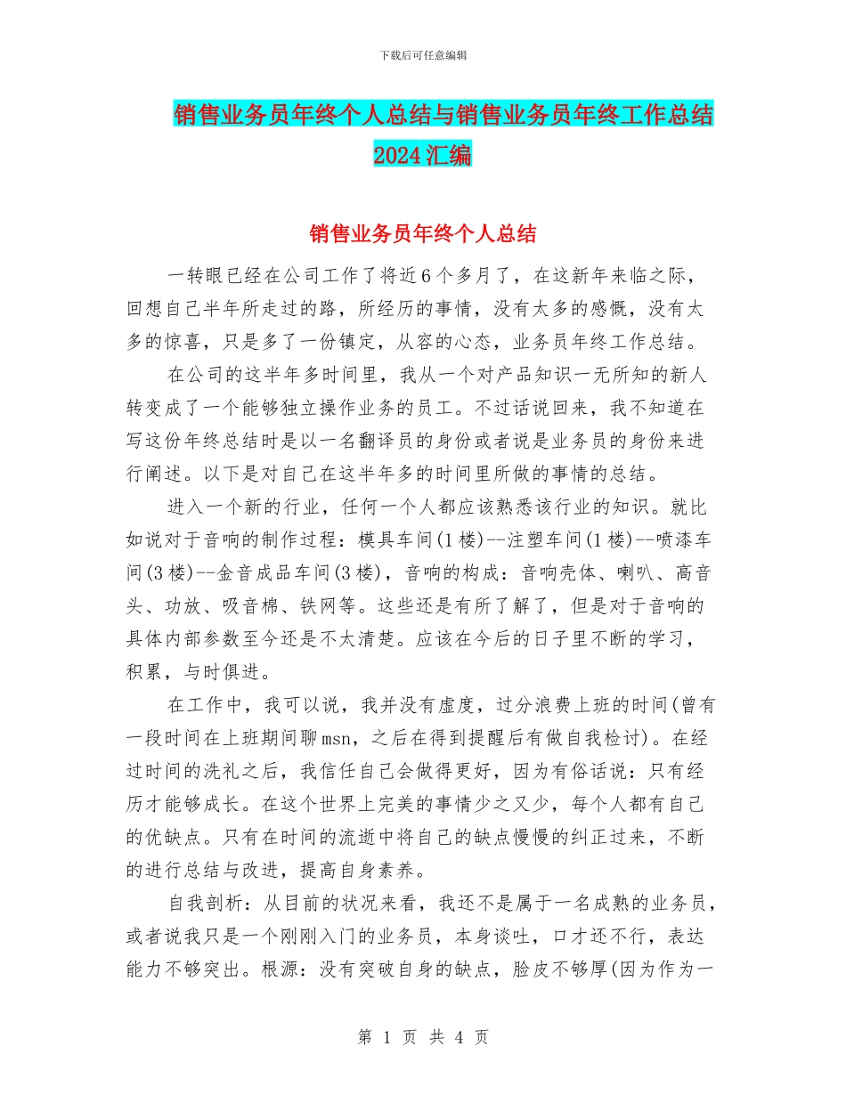 销售业务员年终个人总结与销售业务员年终工作总结2024汇编_第1页