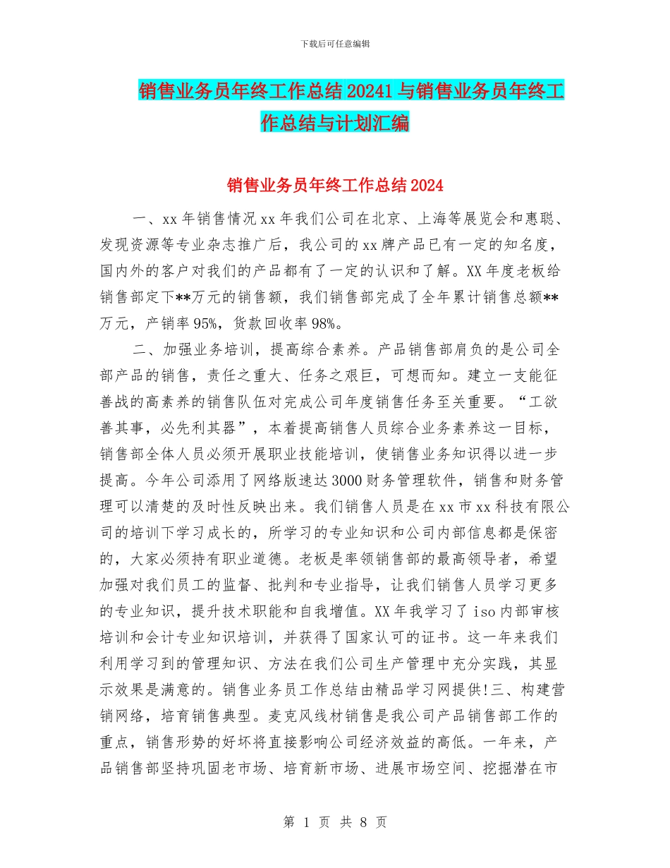 销售业务员年终工作总结20241与销售业务员年终工作总结与计划汇编_第1页