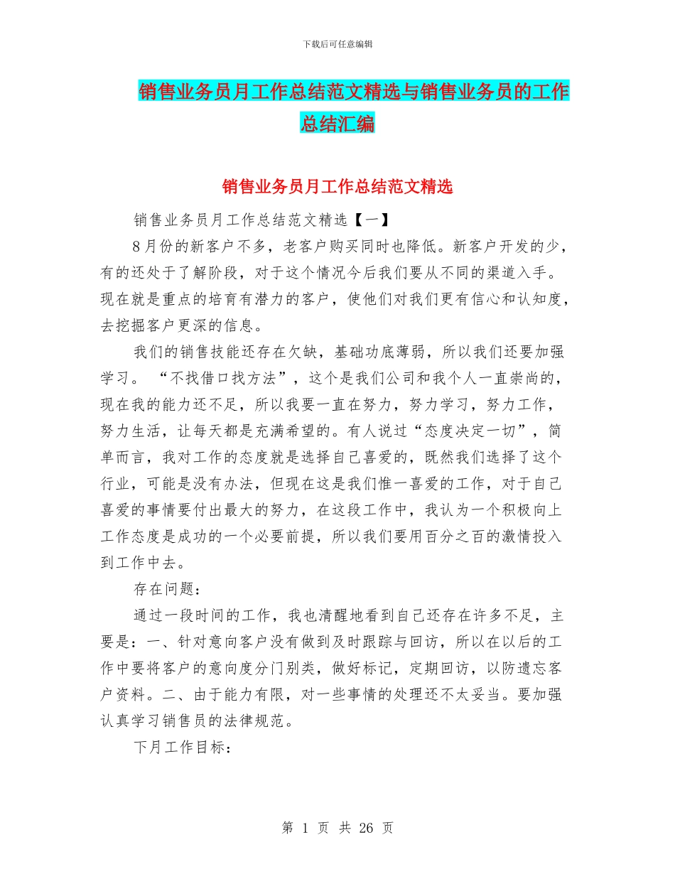 销售业务员月工作总结范文精选与销售业务员的工作总结汇编_第1页