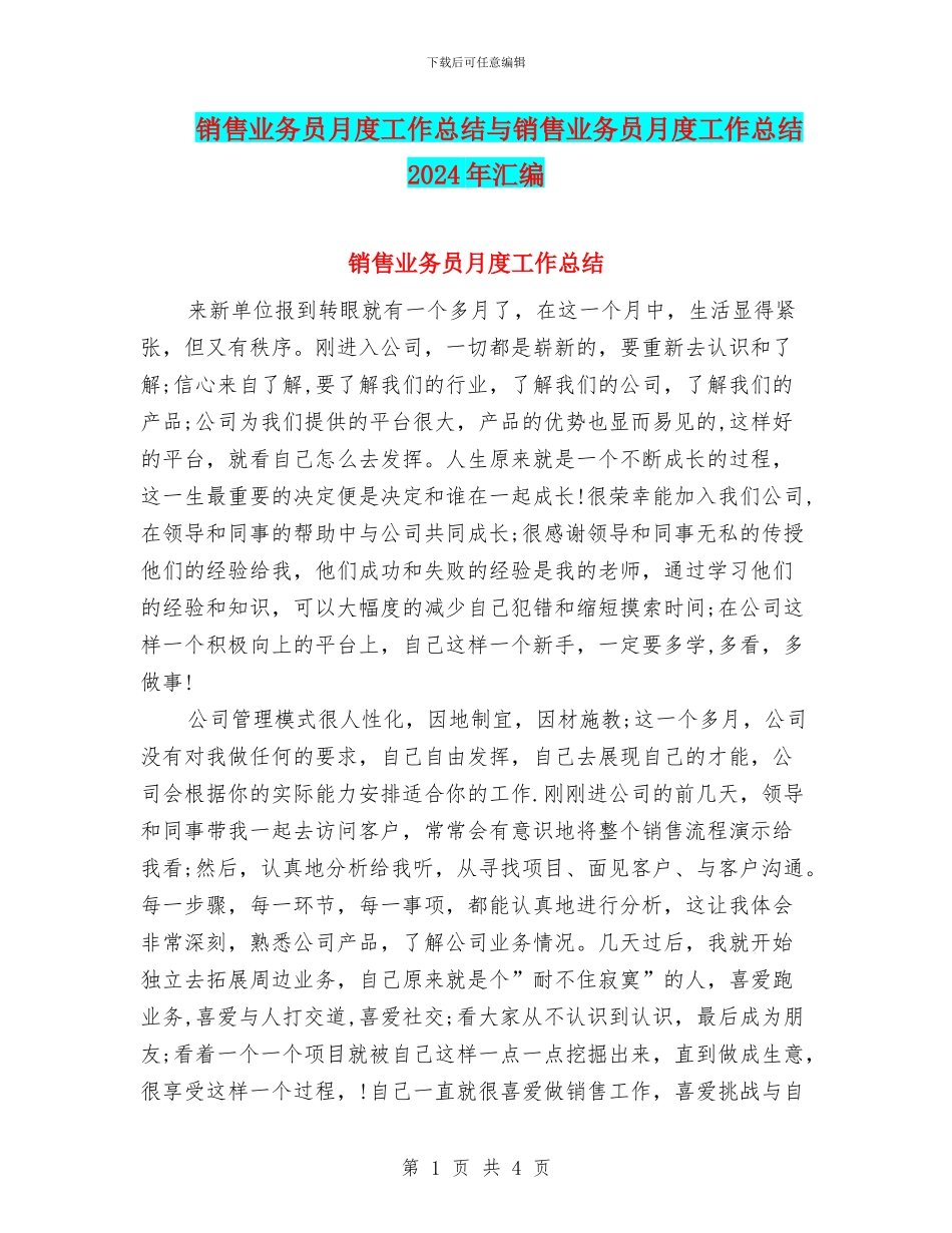 销售业务员月度工作总结与销售业务员月度工作总结2024年汇编_第1页