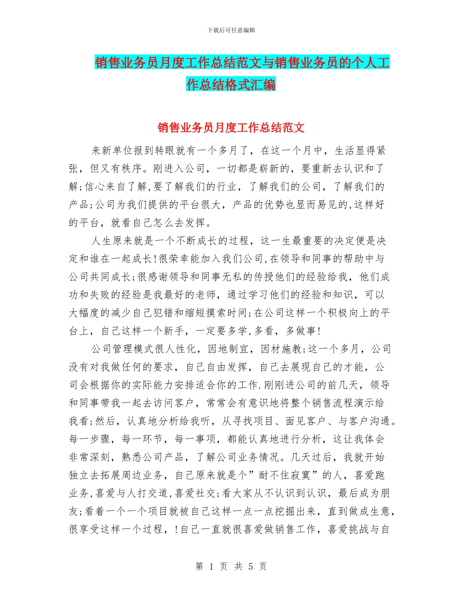 销售业务员月度工作总结范文与销售业务员的个人工作总结格式汇编_第1页