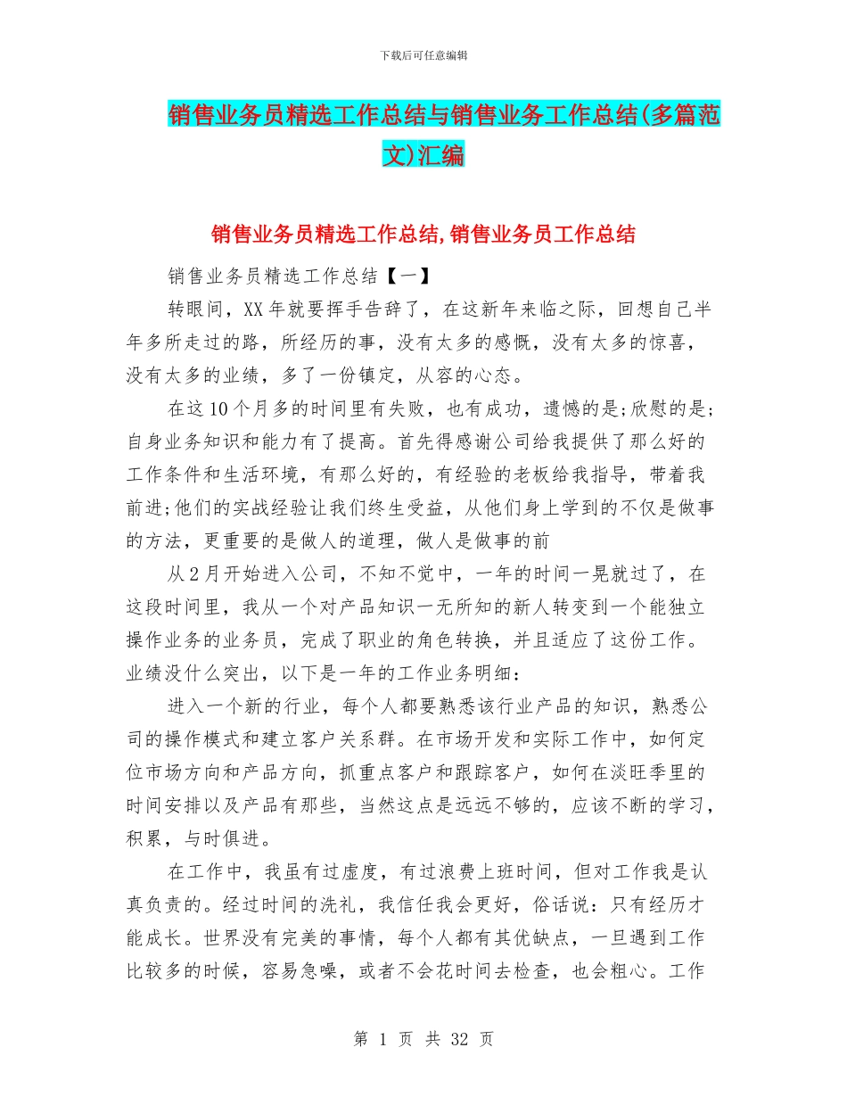 销售业务员精选工作总结与销售业务工作总结汇编_第1页