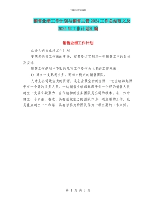 销售业绩工作计划与销售主管2024工作总结范文及2024年工作计划汇编