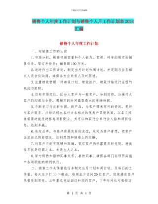销售个人年度工作计划与销售个人月工作计划表2024汇编