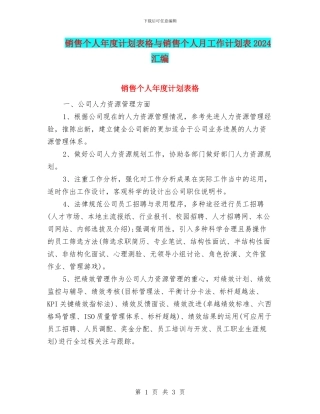 销售个人年度计划表格与销售个人月工作计划表2024汇编