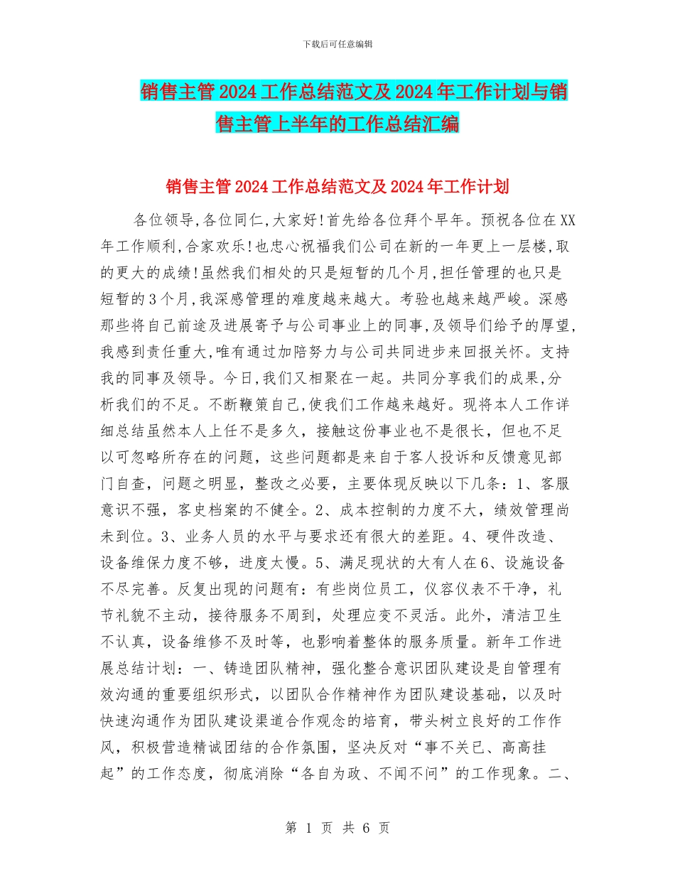 销售主管2024工作总结范文及2024年工作计划与销售主管上半年的工作总结汇编_第1页