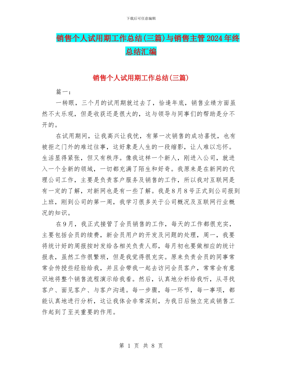 销售个人试用期工作总结与销售主管2024年终总结汇编_第1页