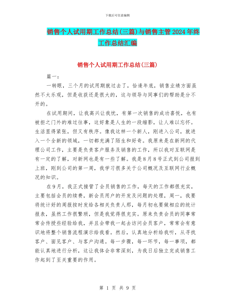 销售个人试用期工作总结与销售主管2024年终工作总结汇编_第1页