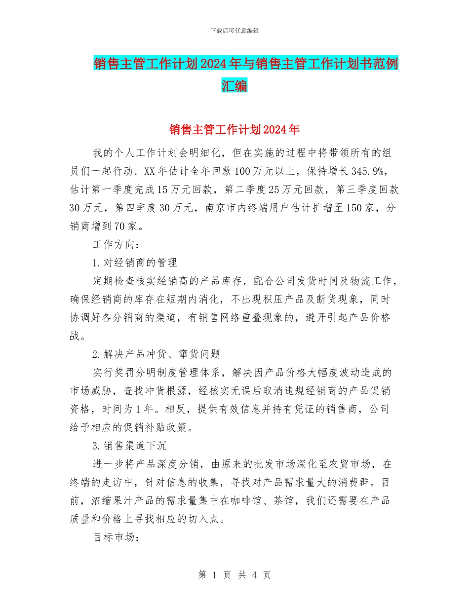 销售主管工作计划2024年与销售主管工作计划书范例汇编_第1页