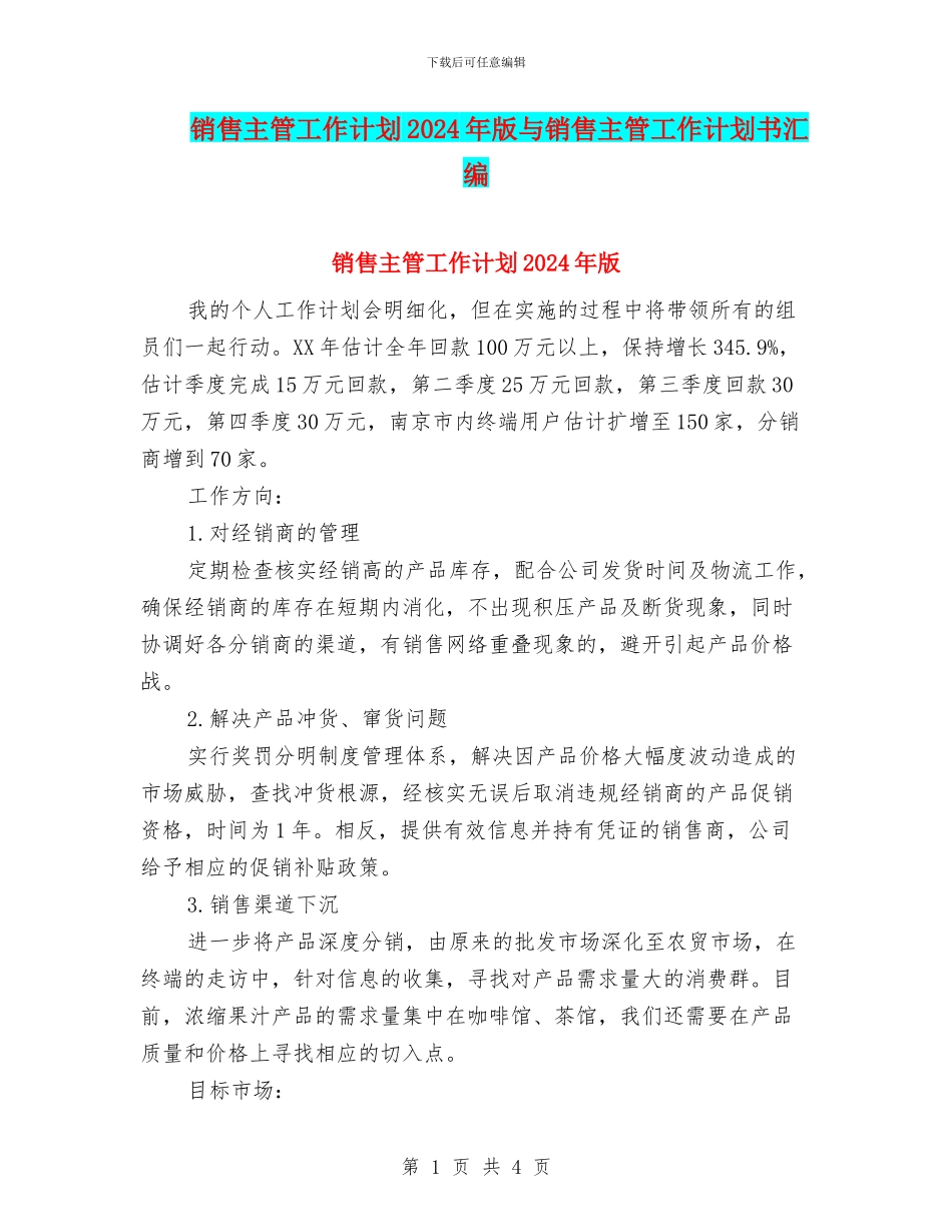 销售主管工作计划2024年版与销售主管工作计划书汇编_第1页