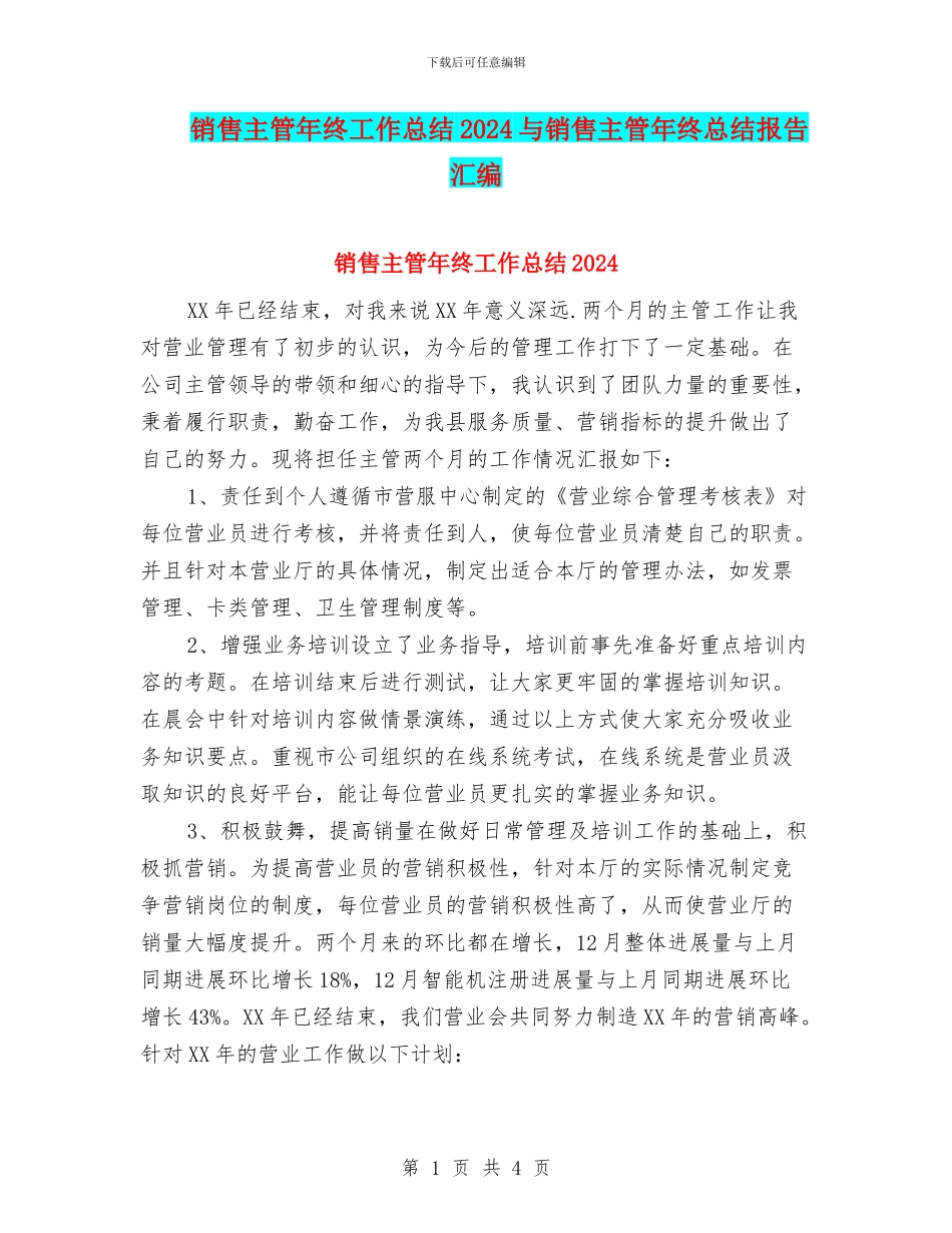 销售主管年终工作总结2024与销售主管年终总结报告汇编_第1页