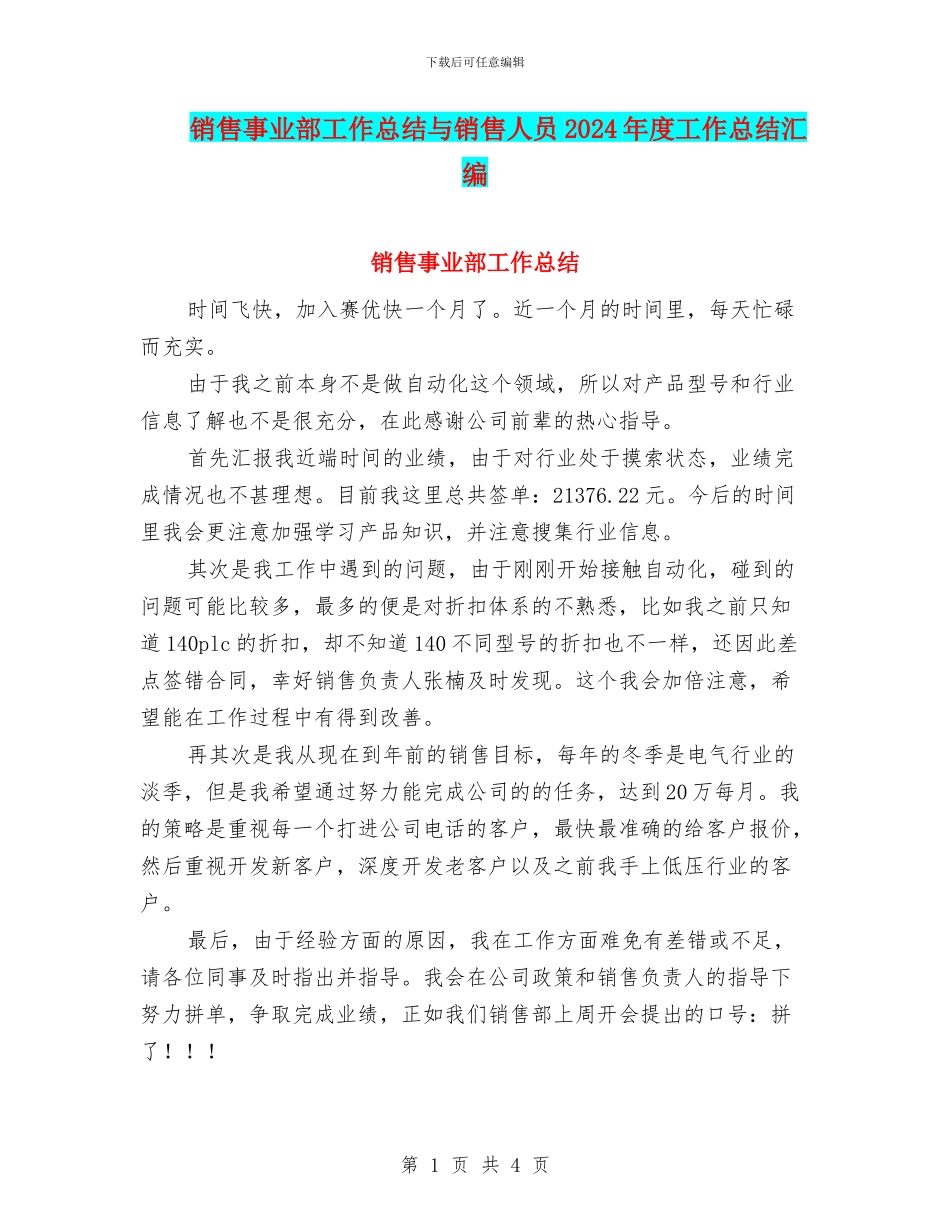 销售事业部工作总结与销售人员2024年度工作总结汇编_第1页
