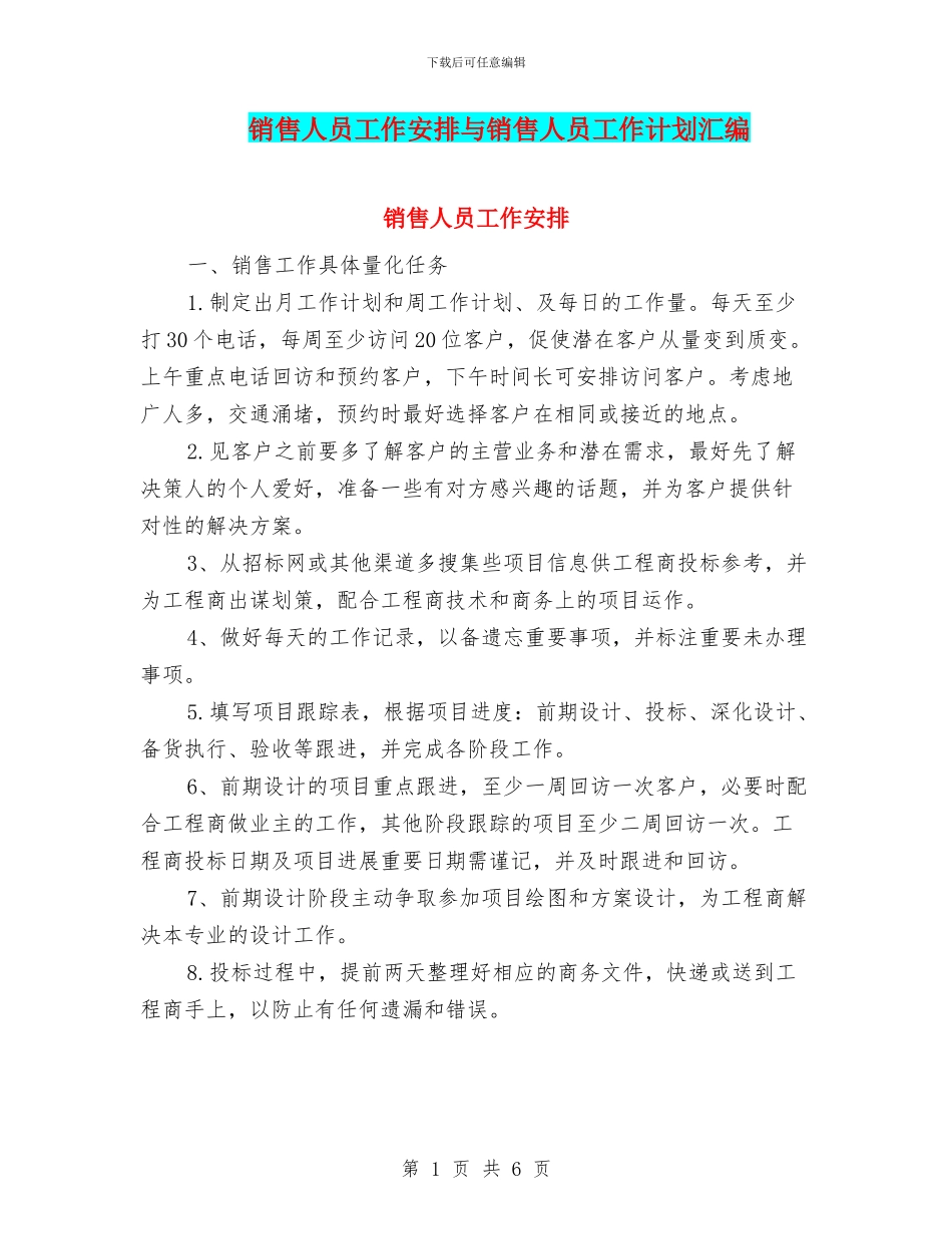 销售人员工作安排与销售人员工作计划汇编_第1页