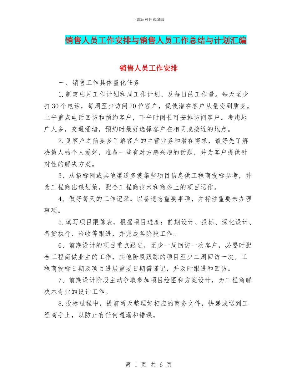 销售人员工作安排与销售人员工作总结与计划汇编_第1页