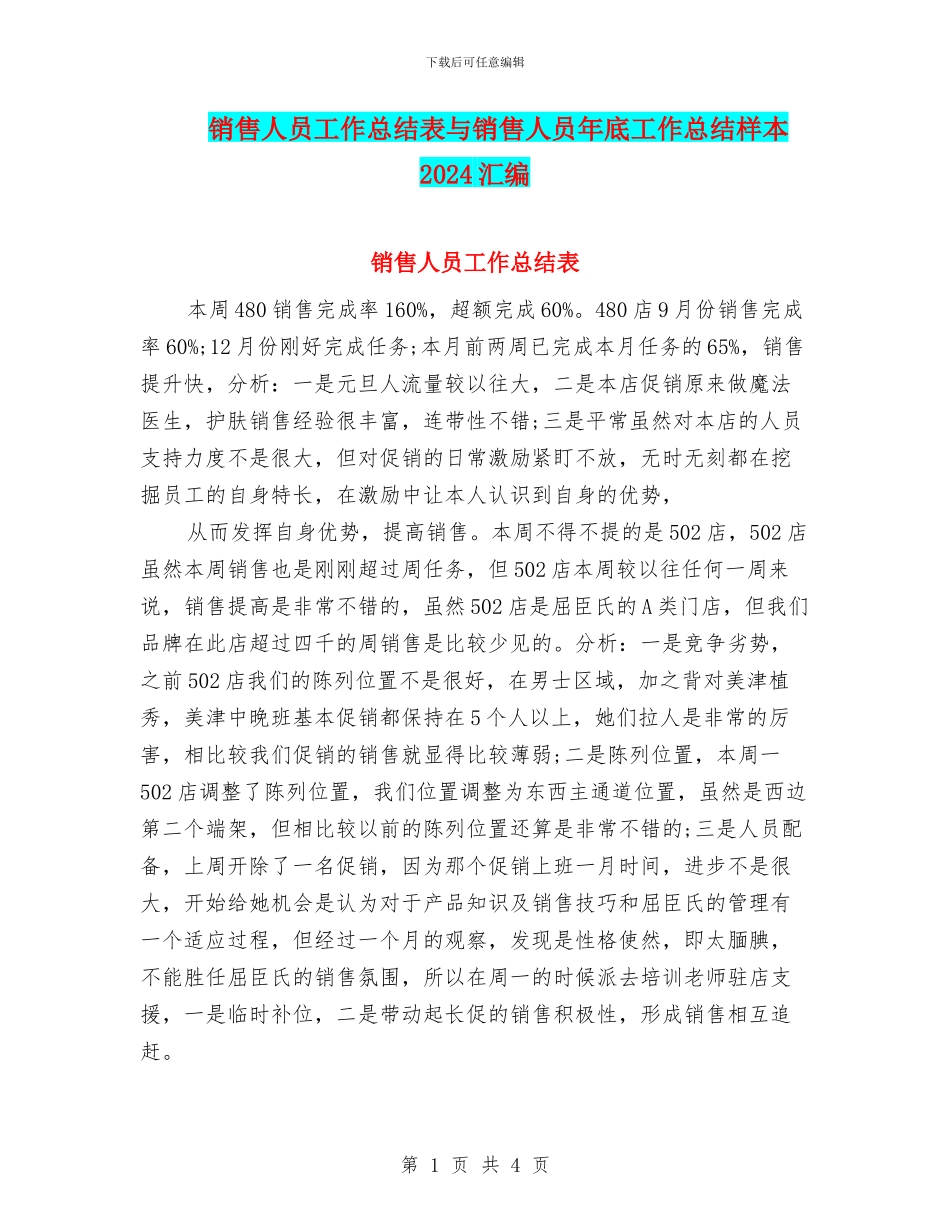 销售人员工作总结表与销售人员年底工作总结样本2024汇编_第1页