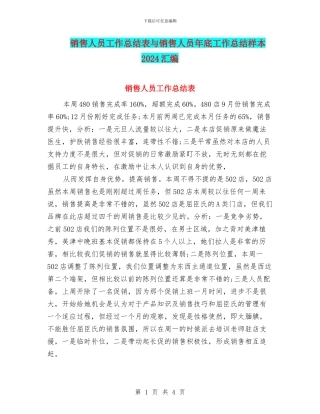 销售人员工作总结表与销售人员年底工作总结样本2024汇编