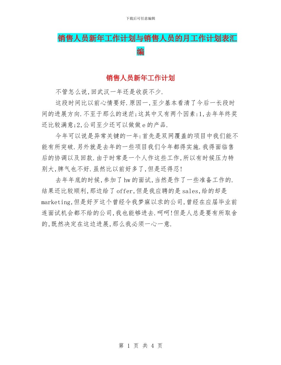 销售人员新年工作计划与销售人员的月工作计划表汇编_第1页