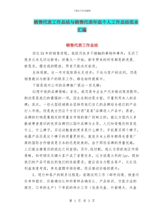 销售代表工作总结与销售代表年底个人工作总结范本汇编