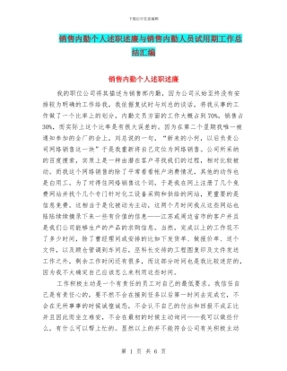 销售内勤个人述职述廉与销售内勤人员试用期工作总结汇编