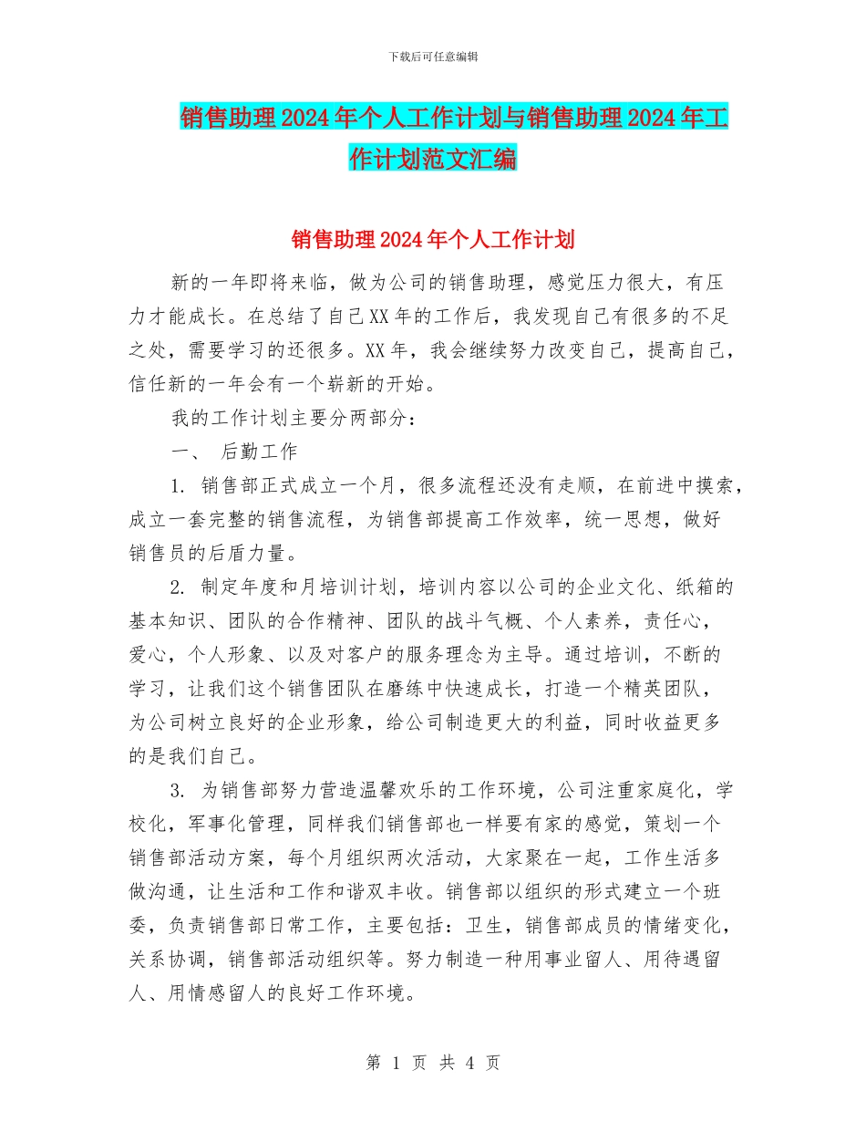销售助理2024年个人工作计划与销售助理2024年工作计划范文汇编_第1页