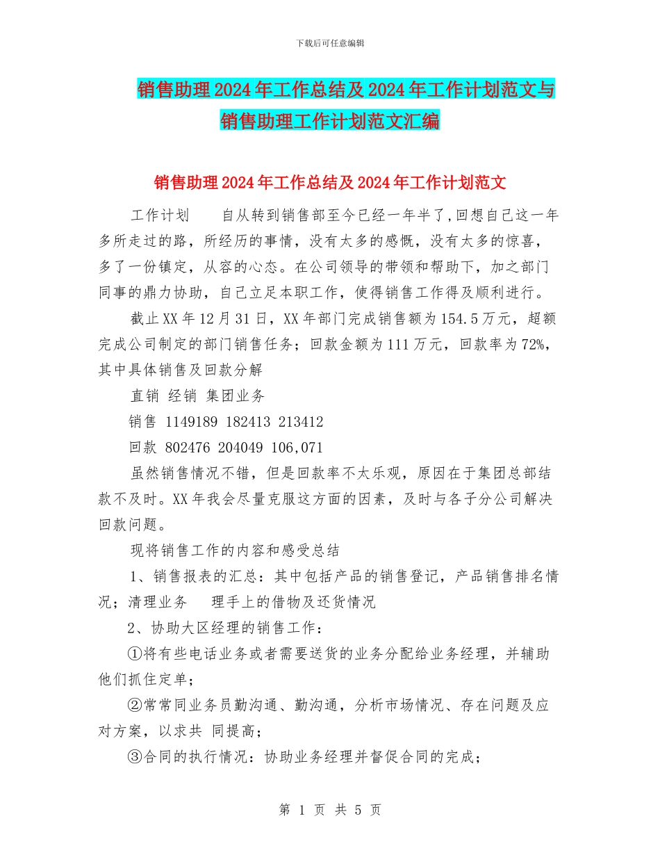 销售助理2024年工作总结及2024年工作计划范文与销售助理工作计划范文汇编_第1页