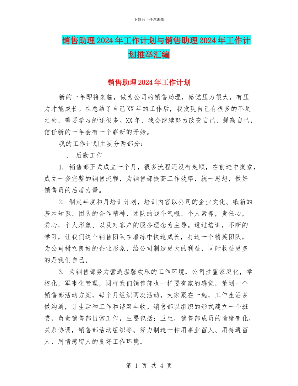 销售助理2024年工作计划与销售助理2024年工作计划推荐汇编_第1页