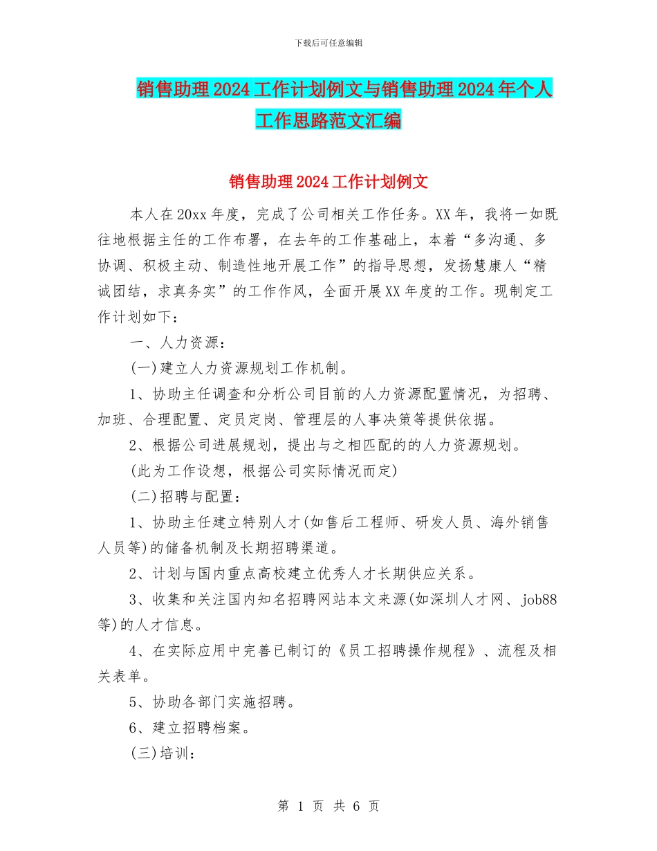 销售助理2024工作计划例文与销售助理2024年个人工作思路范文汇编_第1页