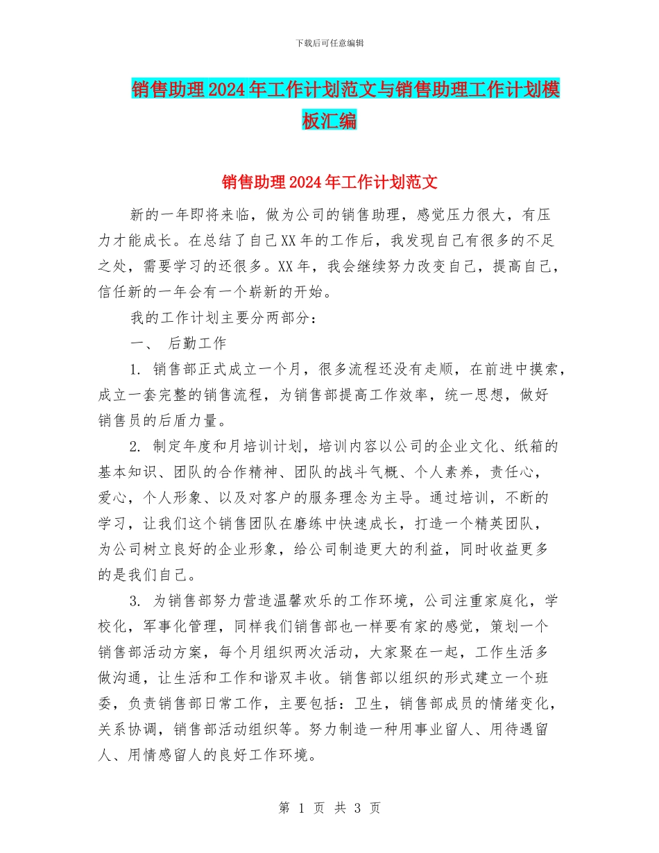 销售助理2024年工作计划范文与销售助理工作计划模板汇编_第1页