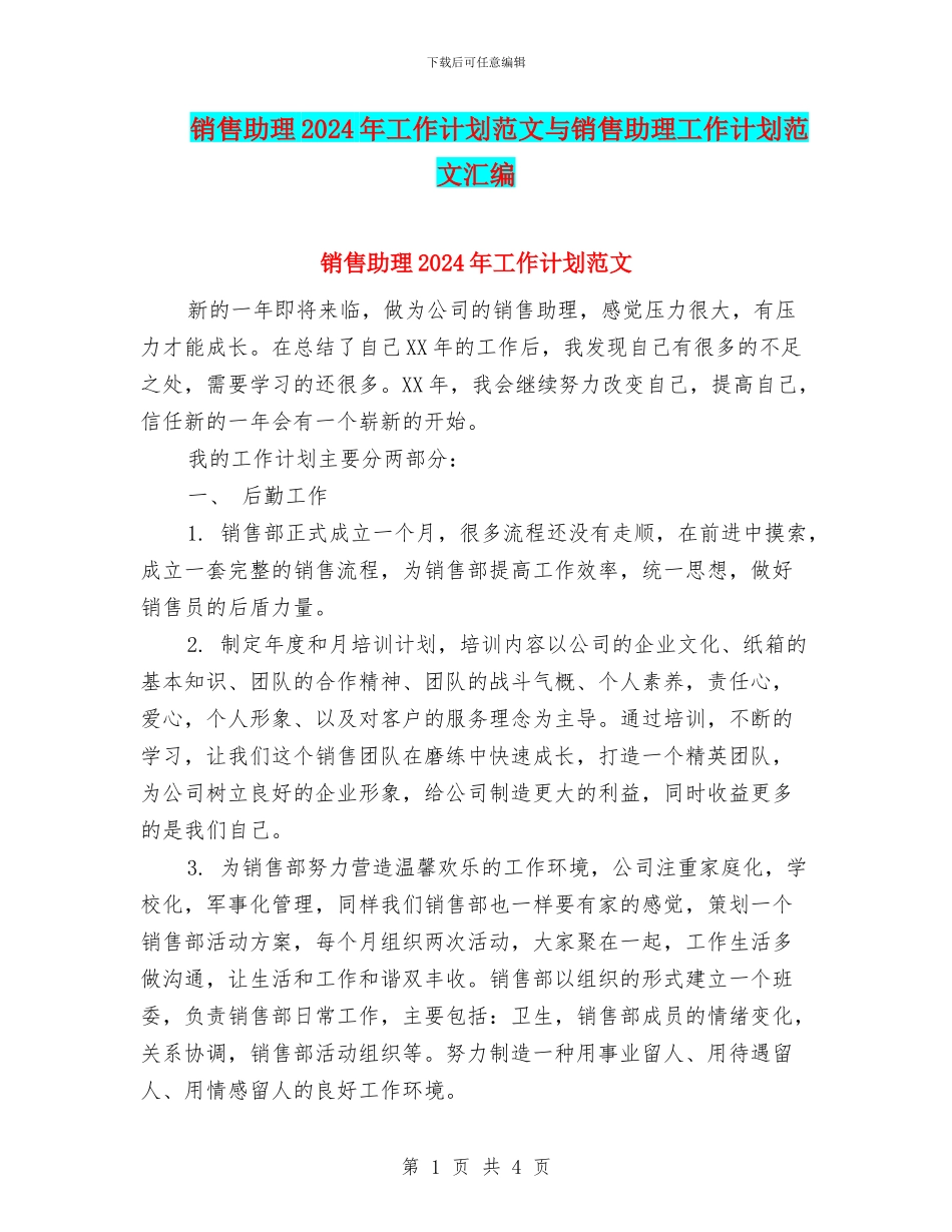 销售助理2024年工作计划范文与销售助理工作计划范文汇编_第1页