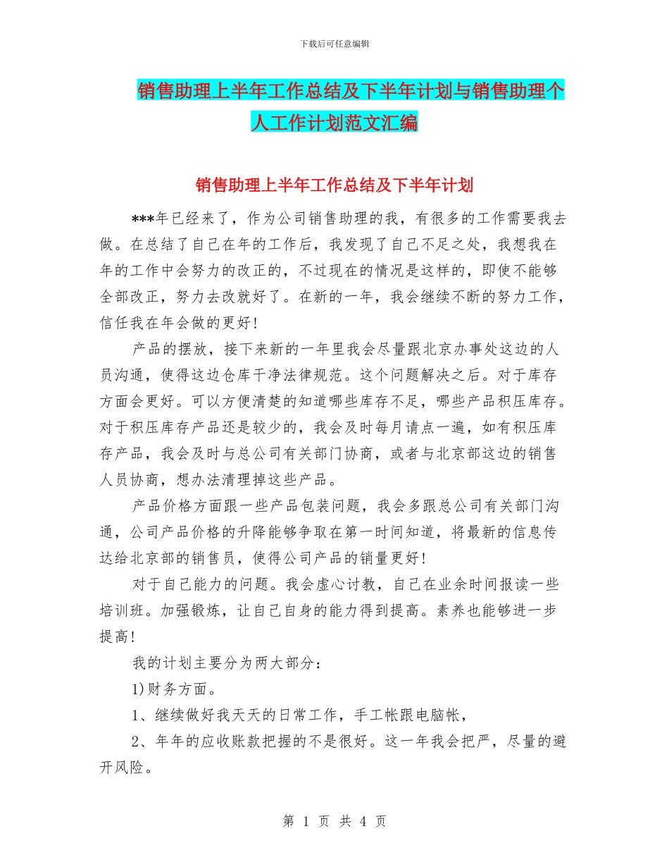 销售助理上半年工作总结及下半年计划与销售助理个人工作计划范文汇编_第1页