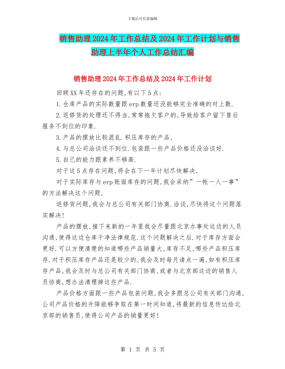 销售助理2024年工作总结及2024年工作计划与销售助理上半年个人工作总结汇编_第1页
