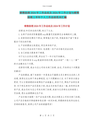 销售助理2024年工作总结及2024年工作计划与销售助理上半年个人工作总结范本汇编