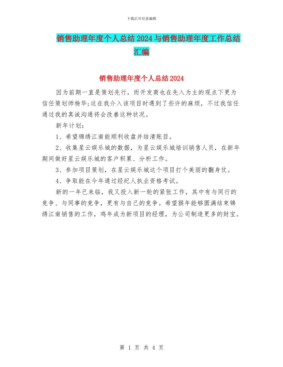 销售助理年度个人总结2024与销售助理年度工作总结汇编_第1页