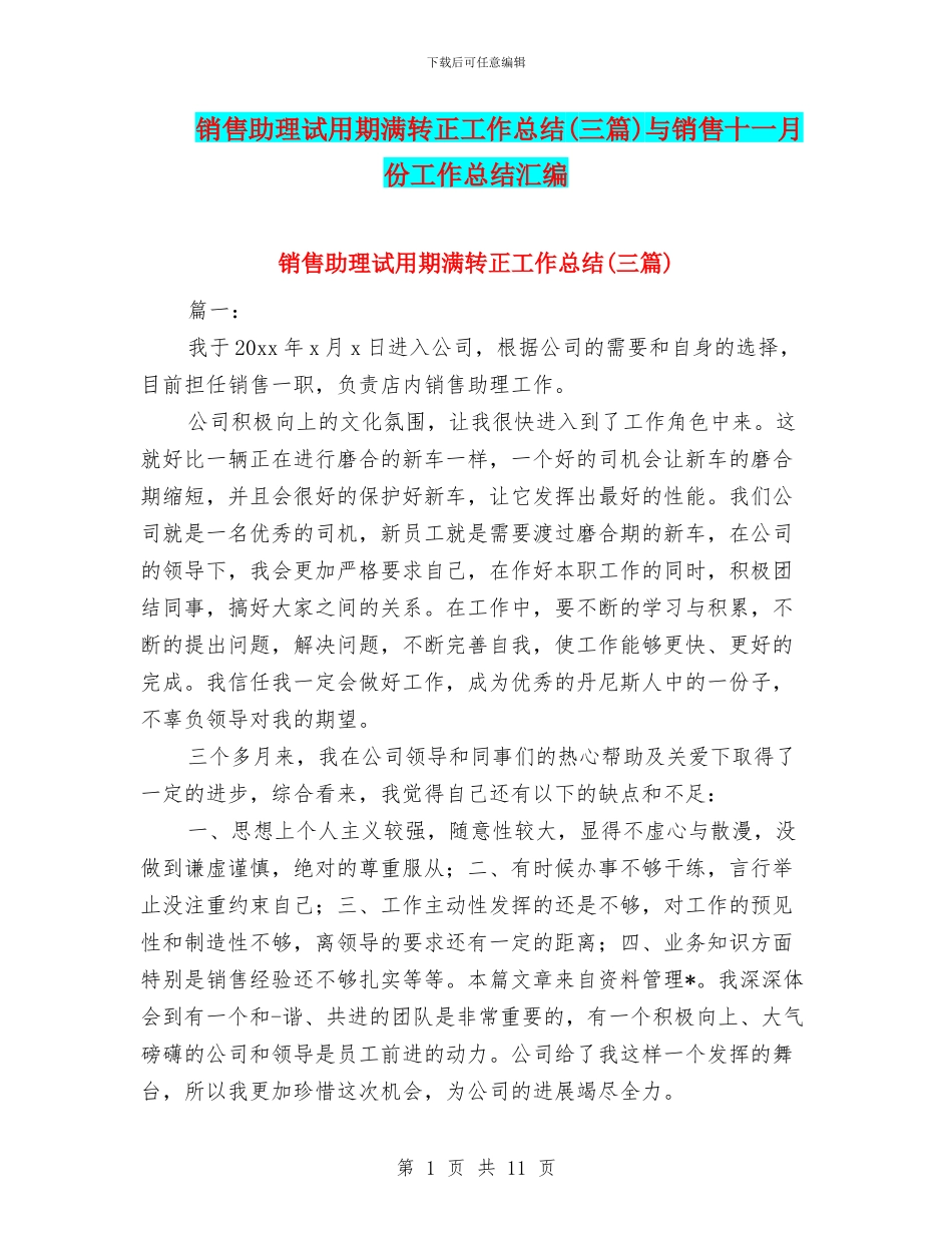 销售助理试用期满转正工作总结与销售十一月份工作总结汇编_第1页
