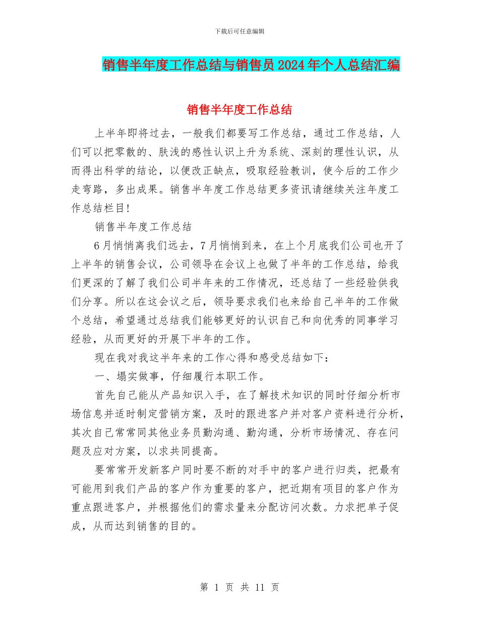 销售半年度工作总结与销售员2024年个人总结汇编_第1页