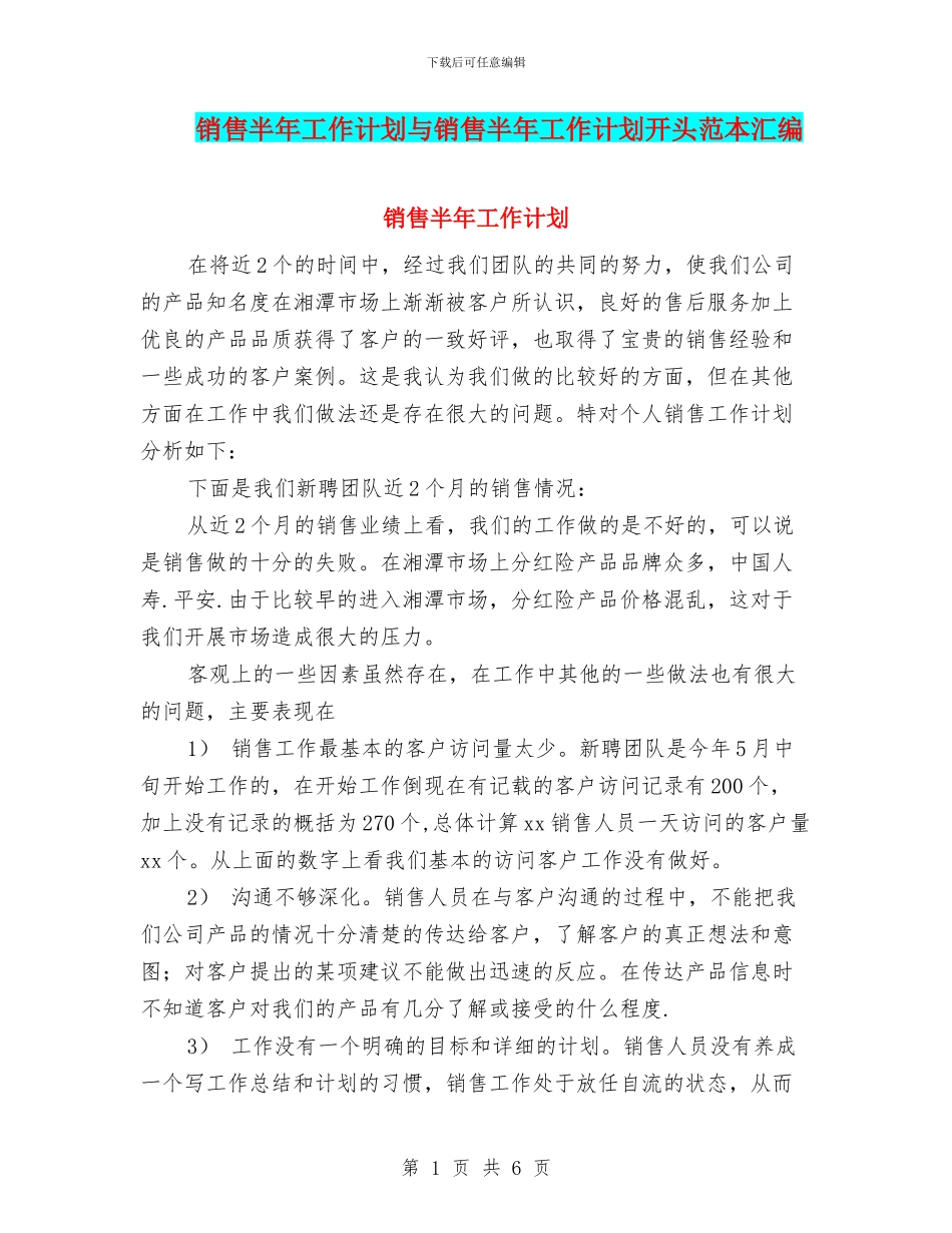 销售半年工作计划与销售半年工作计划开头范本汇编_第1页