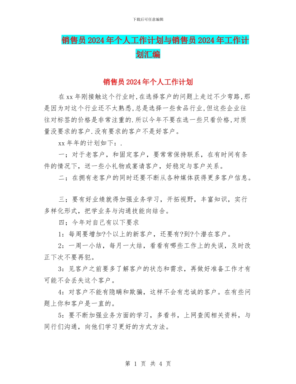 销售员2024年个人工作计划与销售员2024年工作计划汇编_第1页