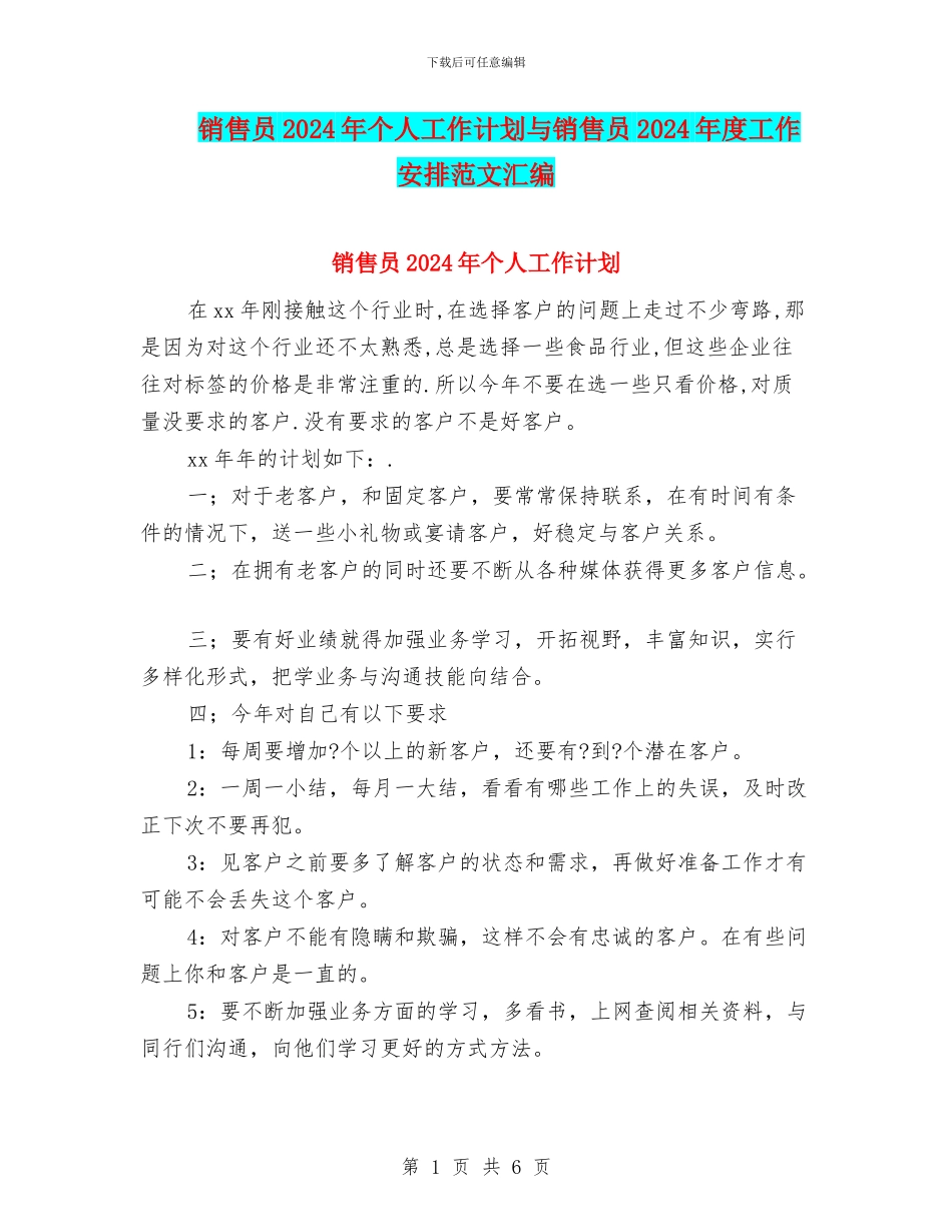 销售员2024年个人工作计划与销售员2024年度工作安排范文汇编_第1页