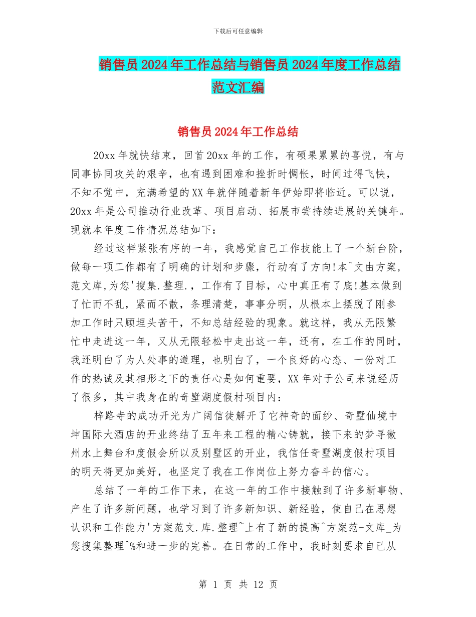销售员2024年工作总结与销售员2024年度工作总结范文汇编_第1页