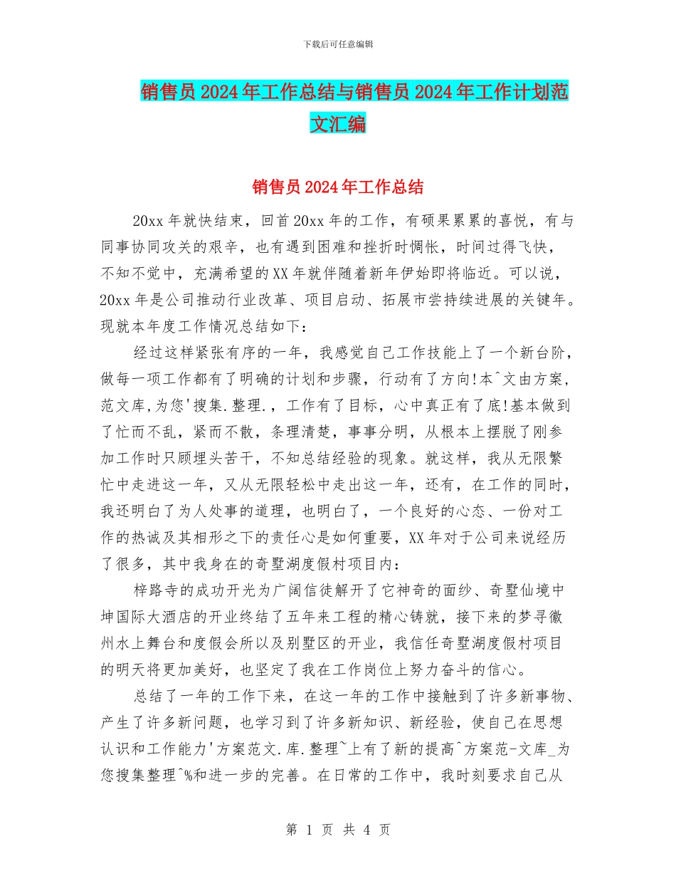 销售员2024年工作总结与销售员2024年工作计划范文汇编_第1页