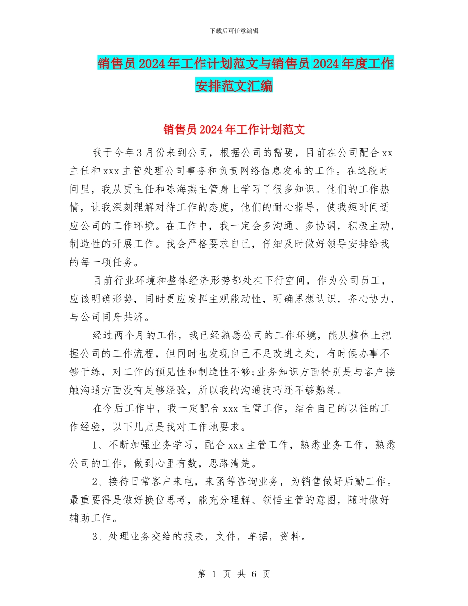 销售员2024年工作计划范文与销售员2024年度工作安排范文汇编_第1页