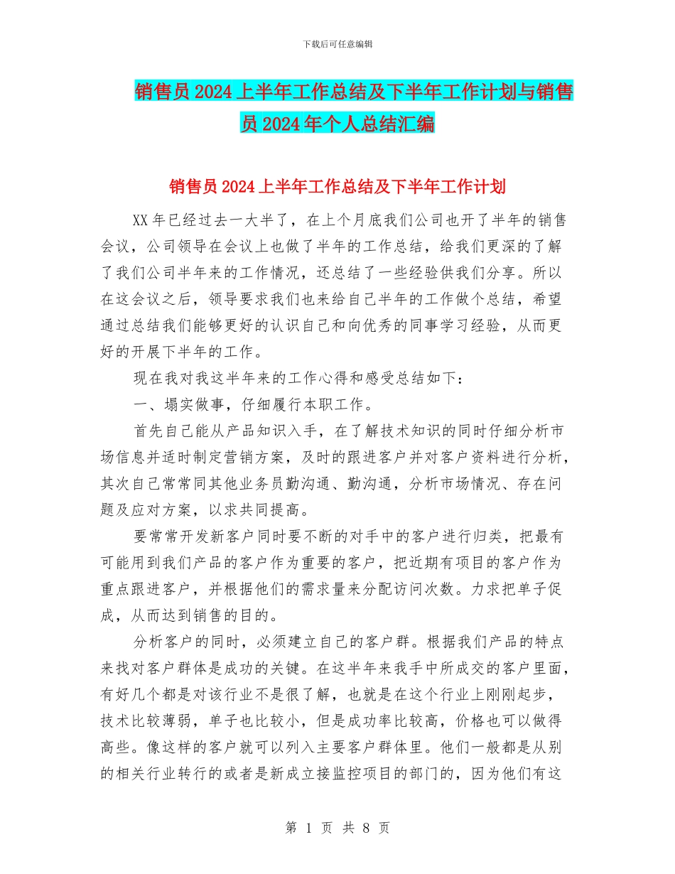 销售员2024上半年工作总结及下半年工作计划与销售员2024年个人总结汇编_第1页