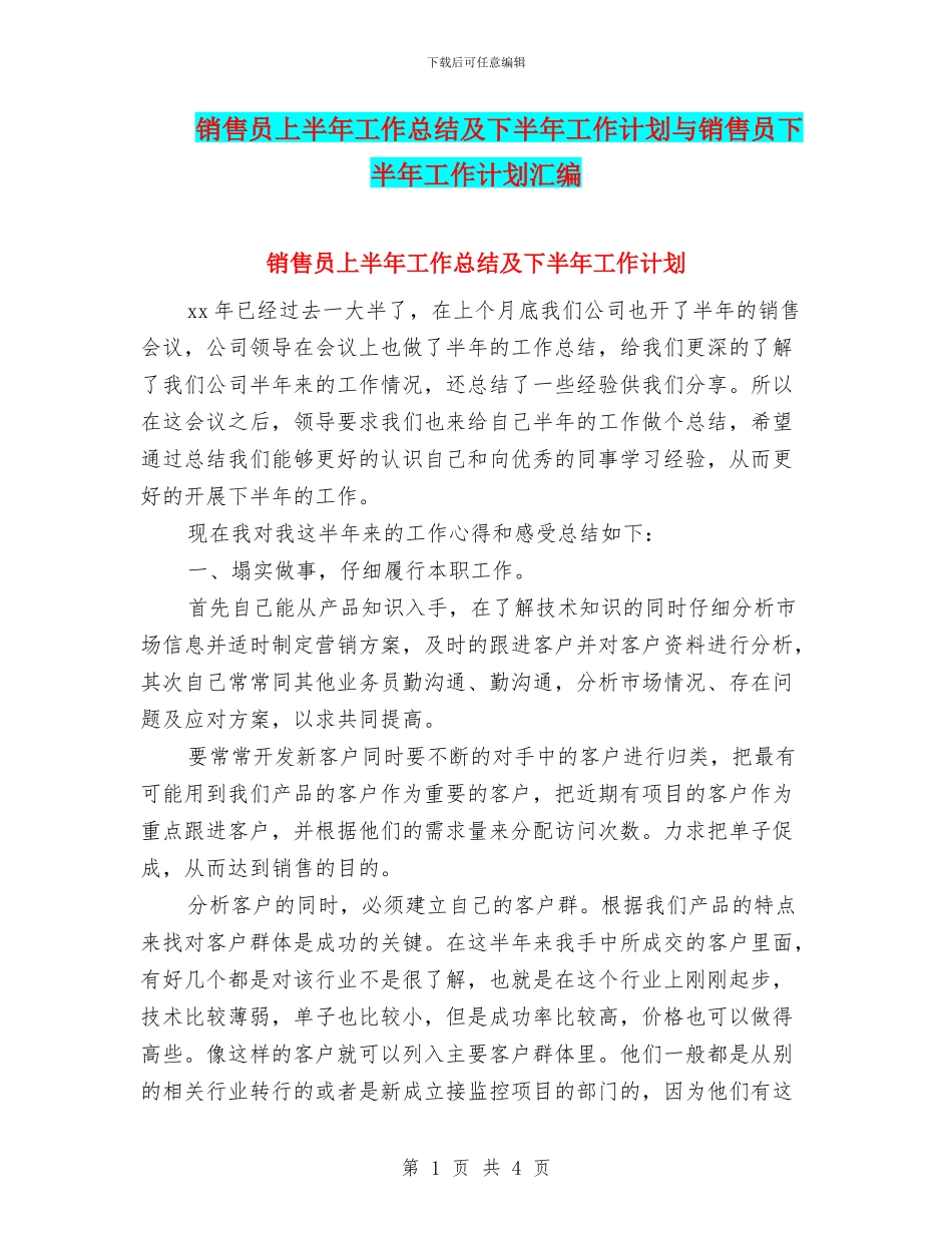 销售员上半年工作总结及下半年工作计划与销售员下半年工作计划汇编_第1页