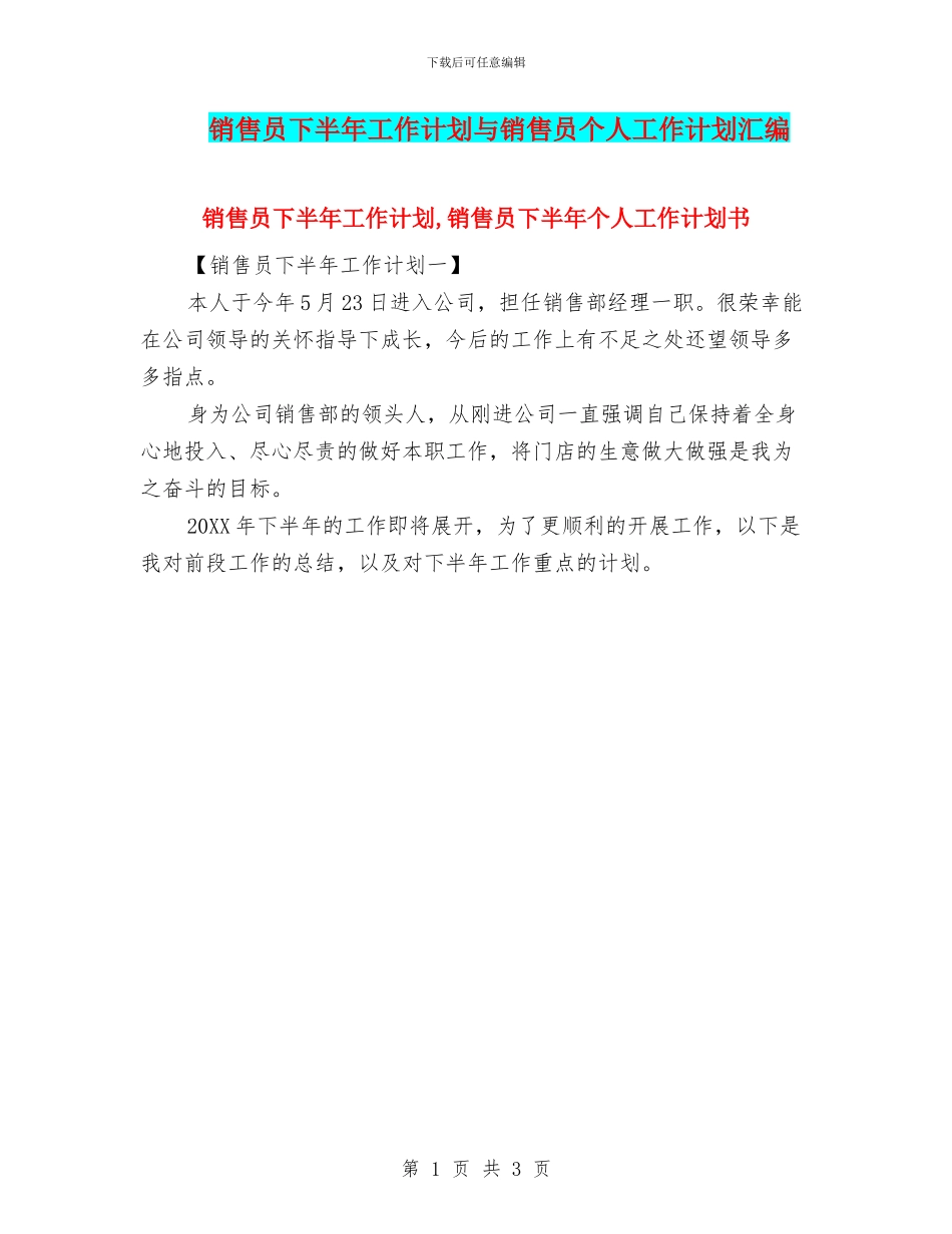 销售员下半年工作计划与销售员个人工作计划汇编_第1页