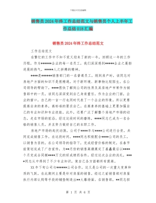 销售员2024年终工作总结范文与销售员个人上半年工作总结018汇编