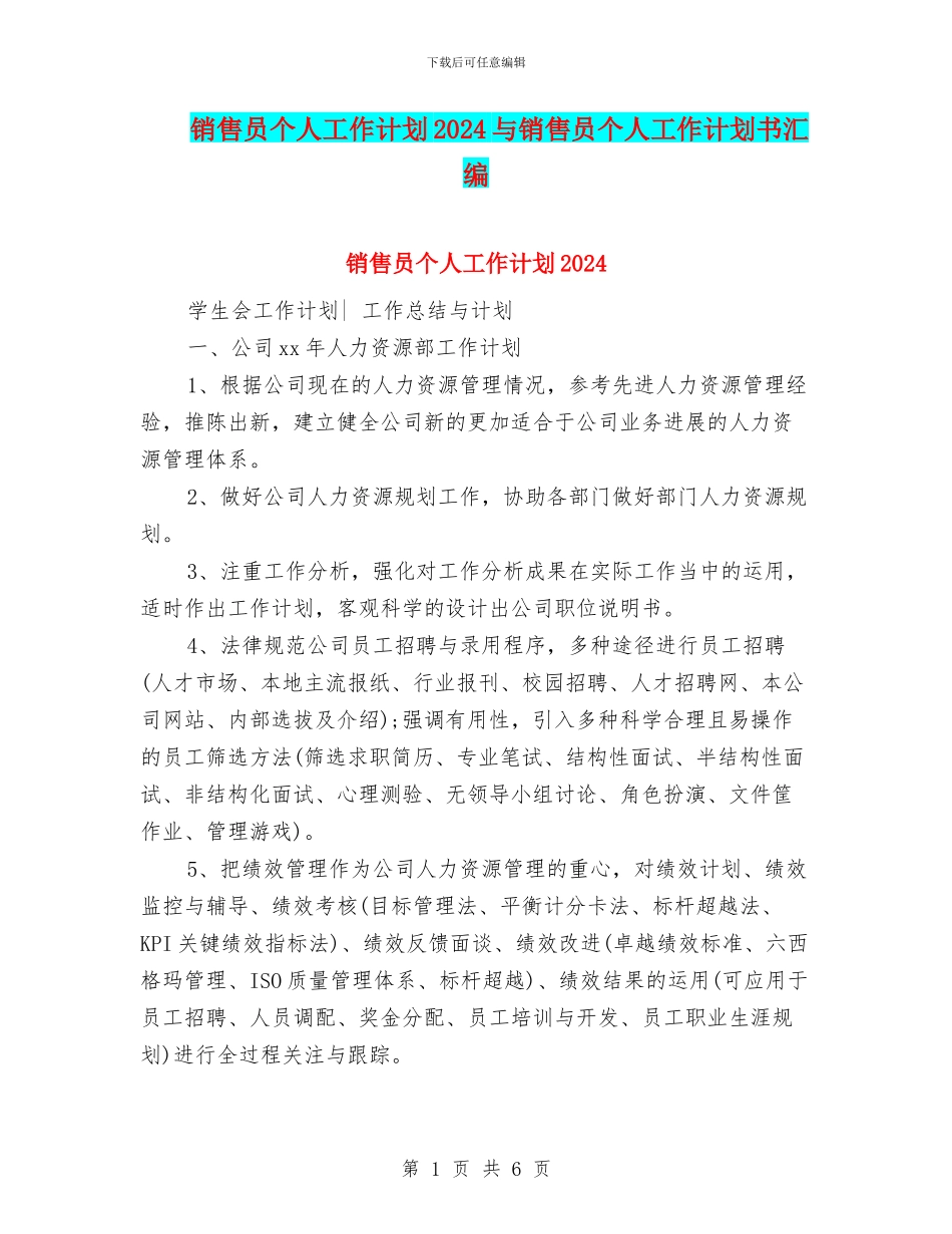 销售员个人工作计划2024与销售员个人工作计划书汇编_第1页