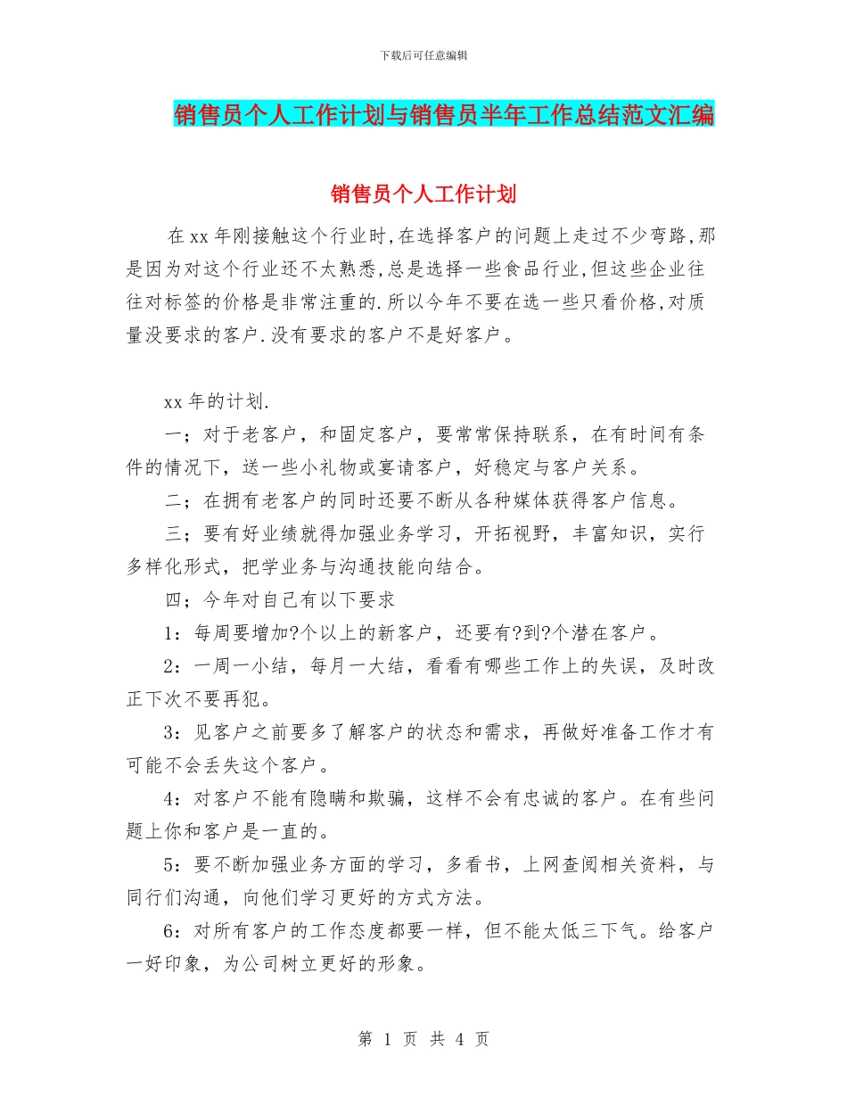 销售员个人工作计划与销售员半年工作总结范文汇编_第1页