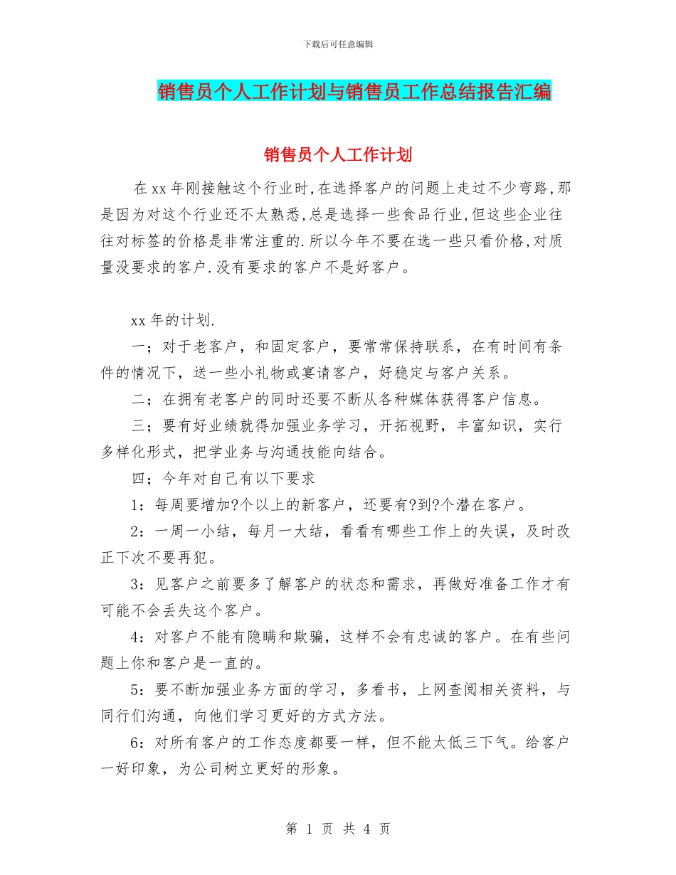 销售员个人工作计划与销售员工作总结报告汇编_第1页